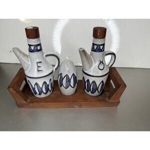 Vintage Ceramano Stoneware Oil Vinegar Set With Shaker & Stand West Germany